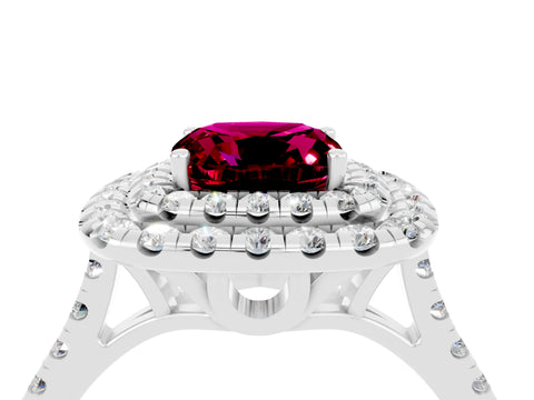 White gold Double Halo Cushion Cut Garnet Pavé Band with Four-Prong Setting_4