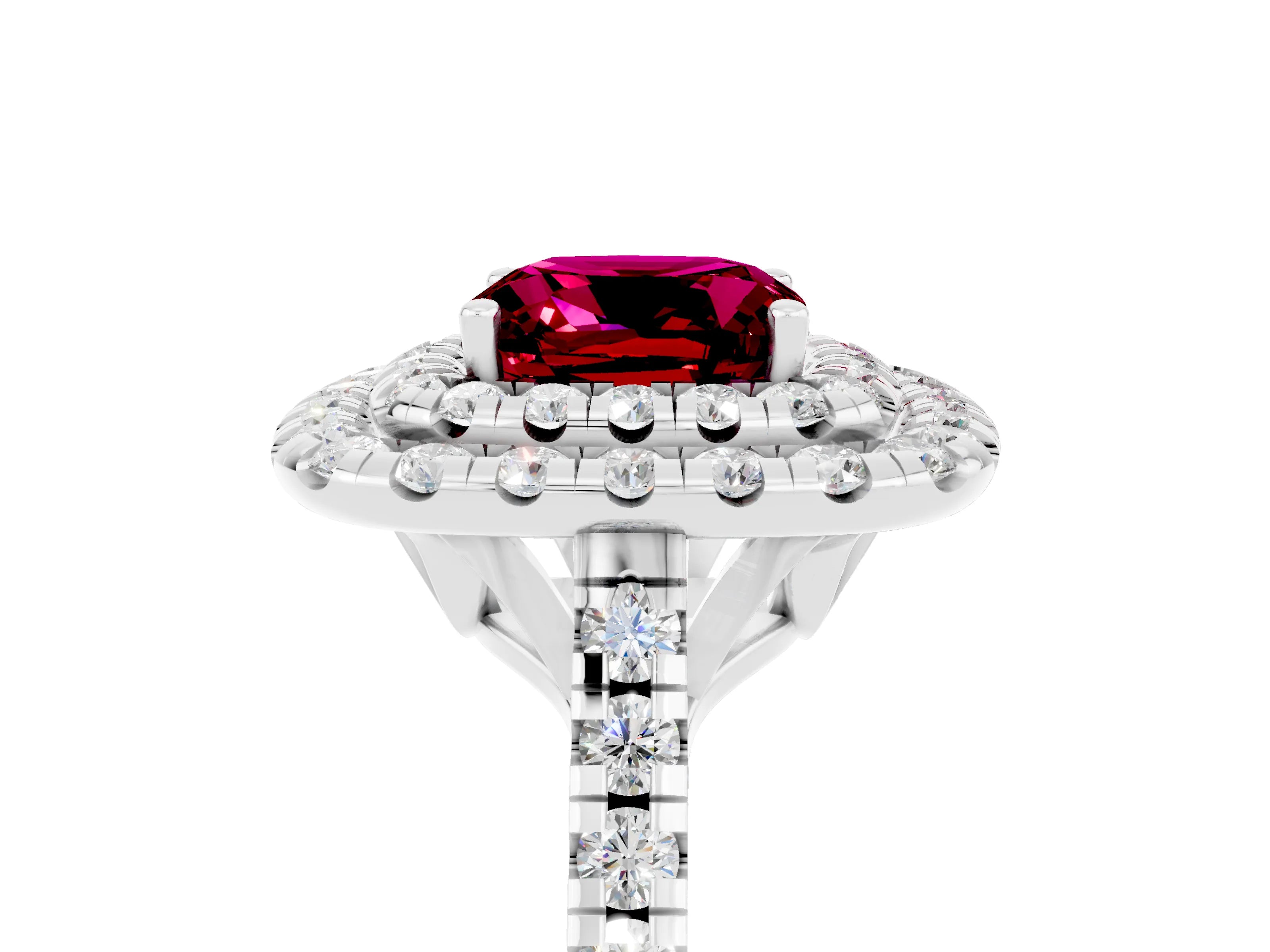 White gold Double Halo Cushion Cut Garnet Pavé Band with Four-Prong Setting_5