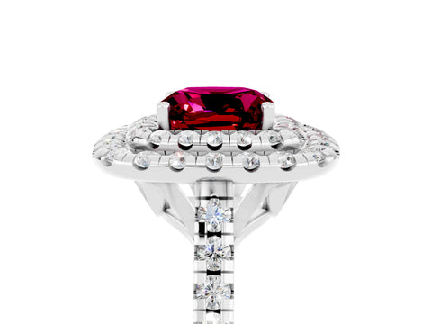 White gold Double Halo Cushion Cut Garnet Pavé Band with Four-Prong Setting_5