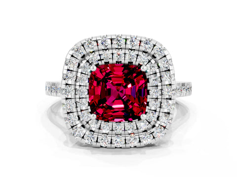 White gold Double Halo Cushion Cut Garnet Pavé Band with Four-Prong Setting