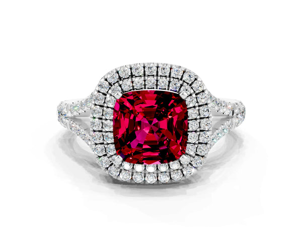 Platinum Double Halo Cushion Cut Garnet Pavé Split Shank Ring with Prong Setting