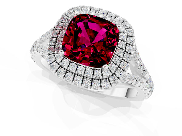 Silver Double Halo Cushion Cut Garnet Pavé Split Shank Ring with Prong Setting