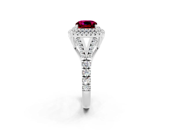 Platinum Double Halo Cushion Cut Garnet Pavé Split Shank Ring with Prong Setting