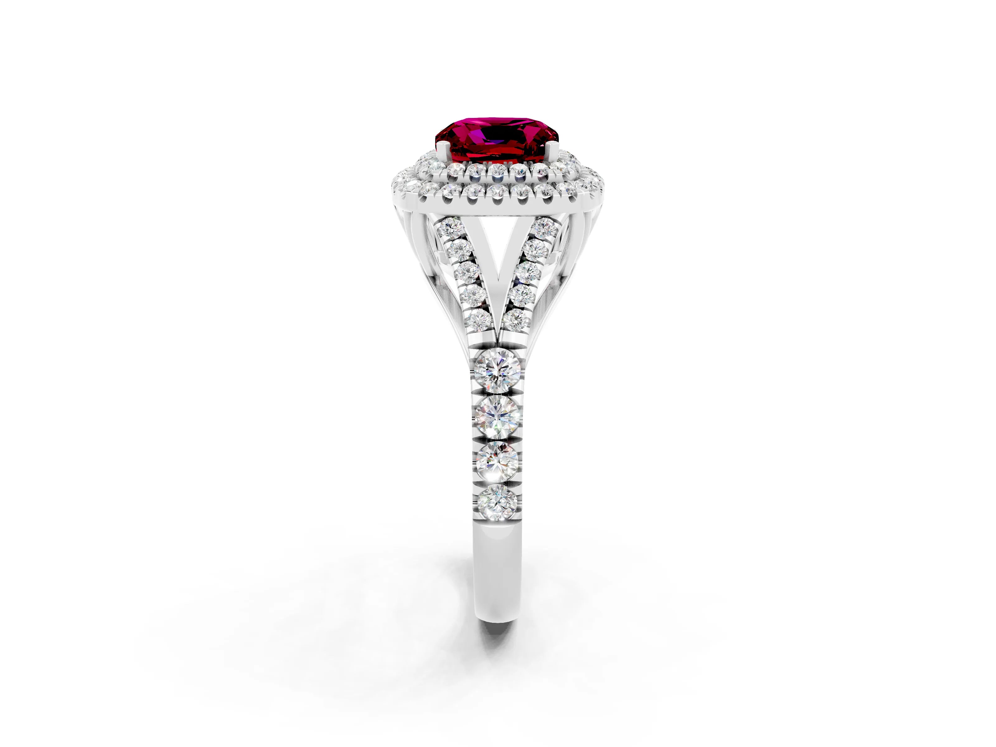 White gold Double Halo Cushion Cut Garnet Pavé Split Shank Ring with Prong Setting_2
