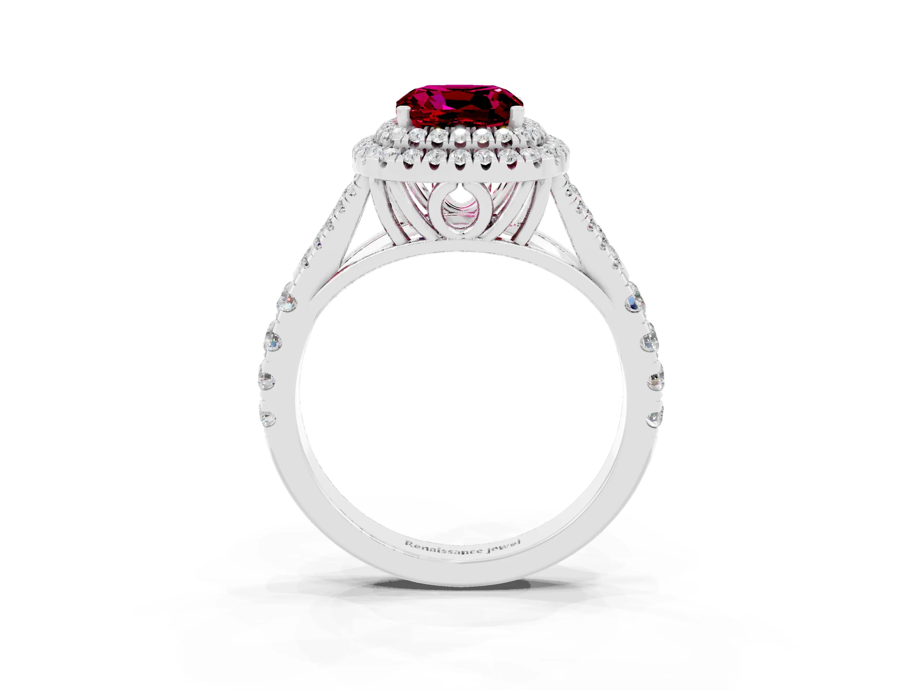 White gold Double Halo Cushion Cut Garnet Pavé Split Shank Ring with Prong Setting_3