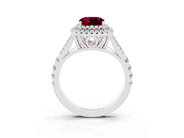 Silver Double Halo Cushion Cut Garnet Pavé Split Shank Ring with Prong Setting