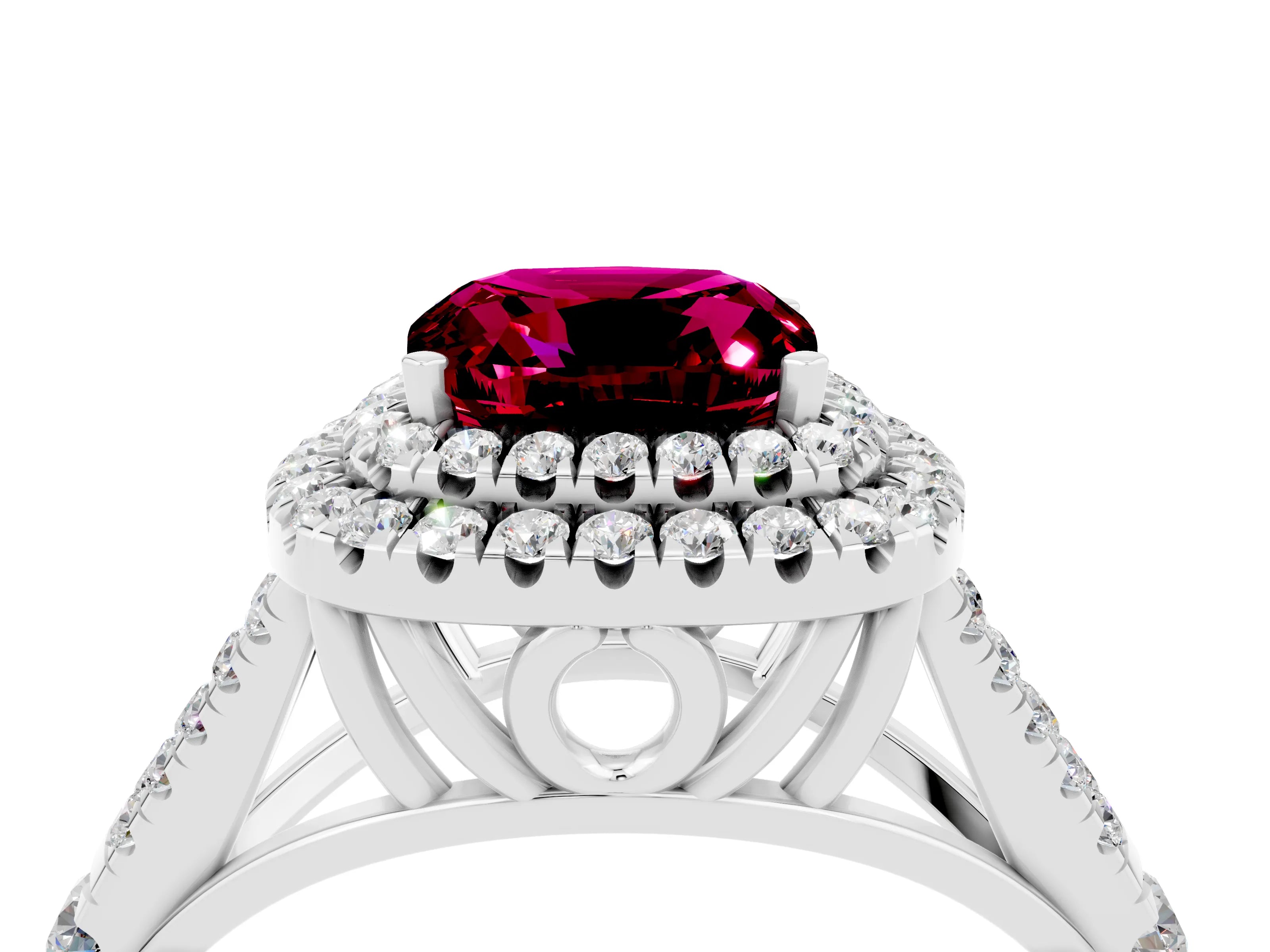 White gold Double Halo Cushion Cut Garnet Pavé Split Shank Ring with Prong Setting_4