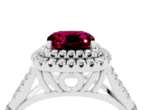 White gold Double Halo Cushion Cut Garnet Pavé Split Shank Ring with Prong Setting_4