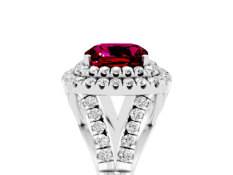 White gold Double Halo Cushion Cut Garnet Pavé Split Shank Ring with Prong Setting_5