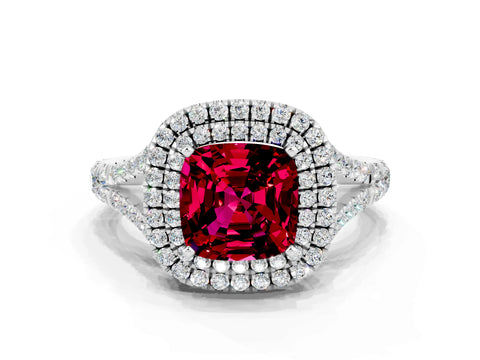 White gold Double Halo Cushion Cut Garnet Pavé Split Shank Ring with Prong Setting