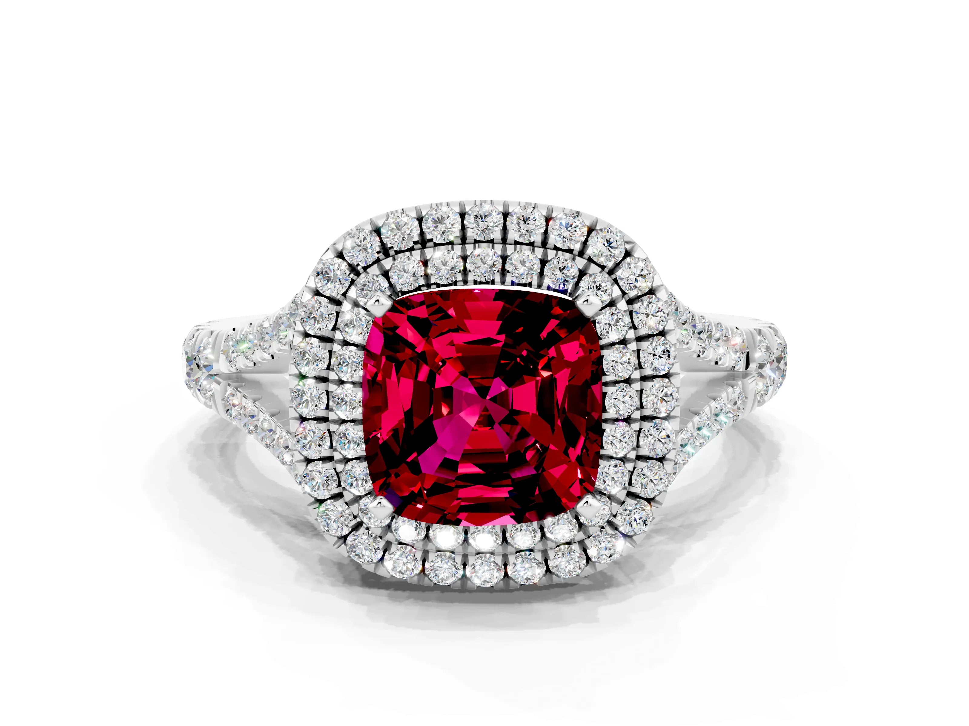 White gold Double Halo Cushion Cut Garnet Split Shank Engagement Ring with Four-Prong Setting