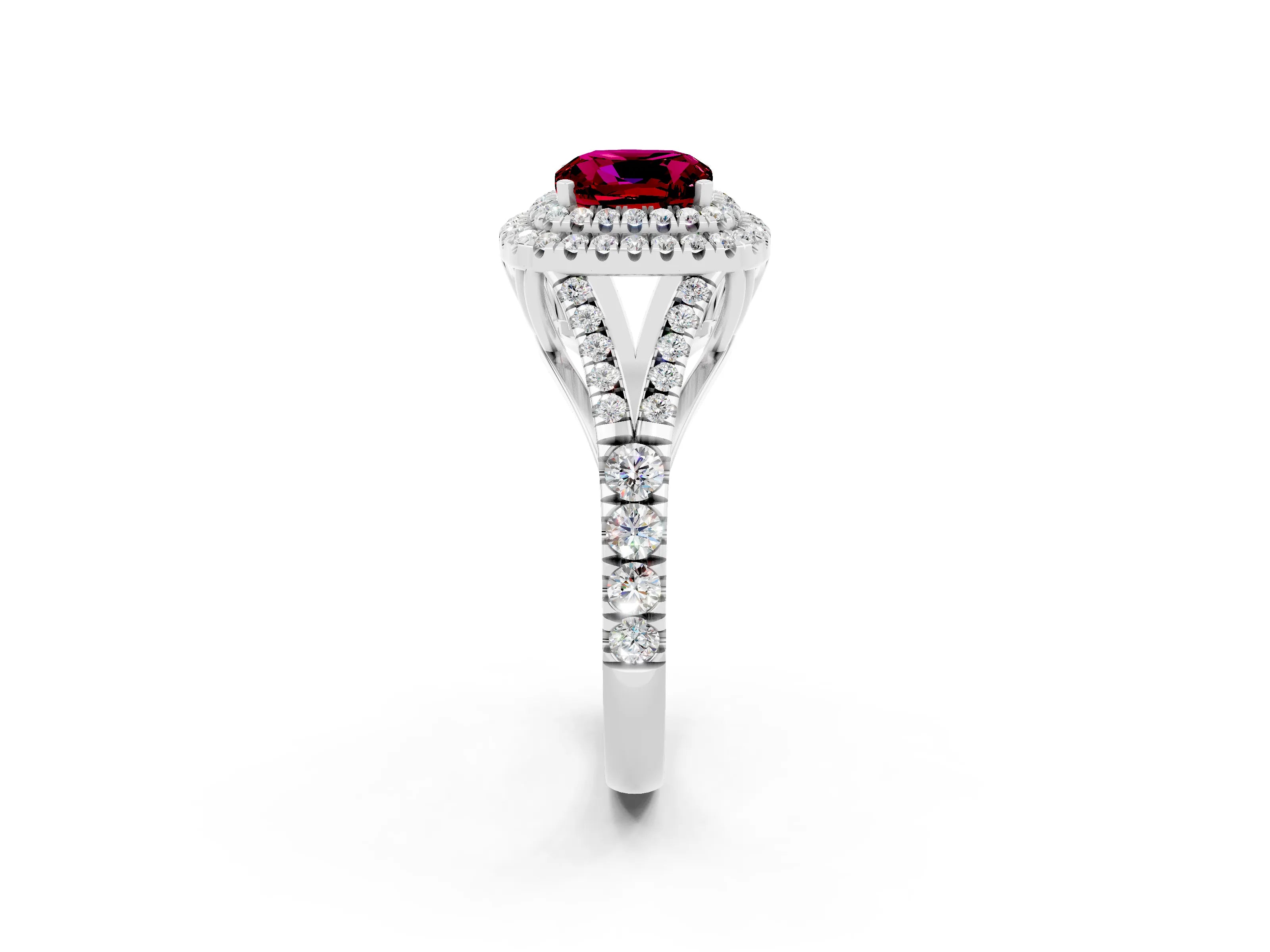 White gold Double Halo Cushion Cut Garnet Split Shank Engagement Ring with Four-Prong Setting_2