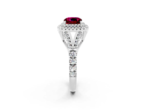 Silver Double Halo Cushion Cut Garnet Split Shank Engagement Ring with Four-Prong Setting