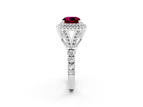White gold Double Halo Cushion Cut Garnet Split Shank Engagement Ring with Four-Prong Setting_2