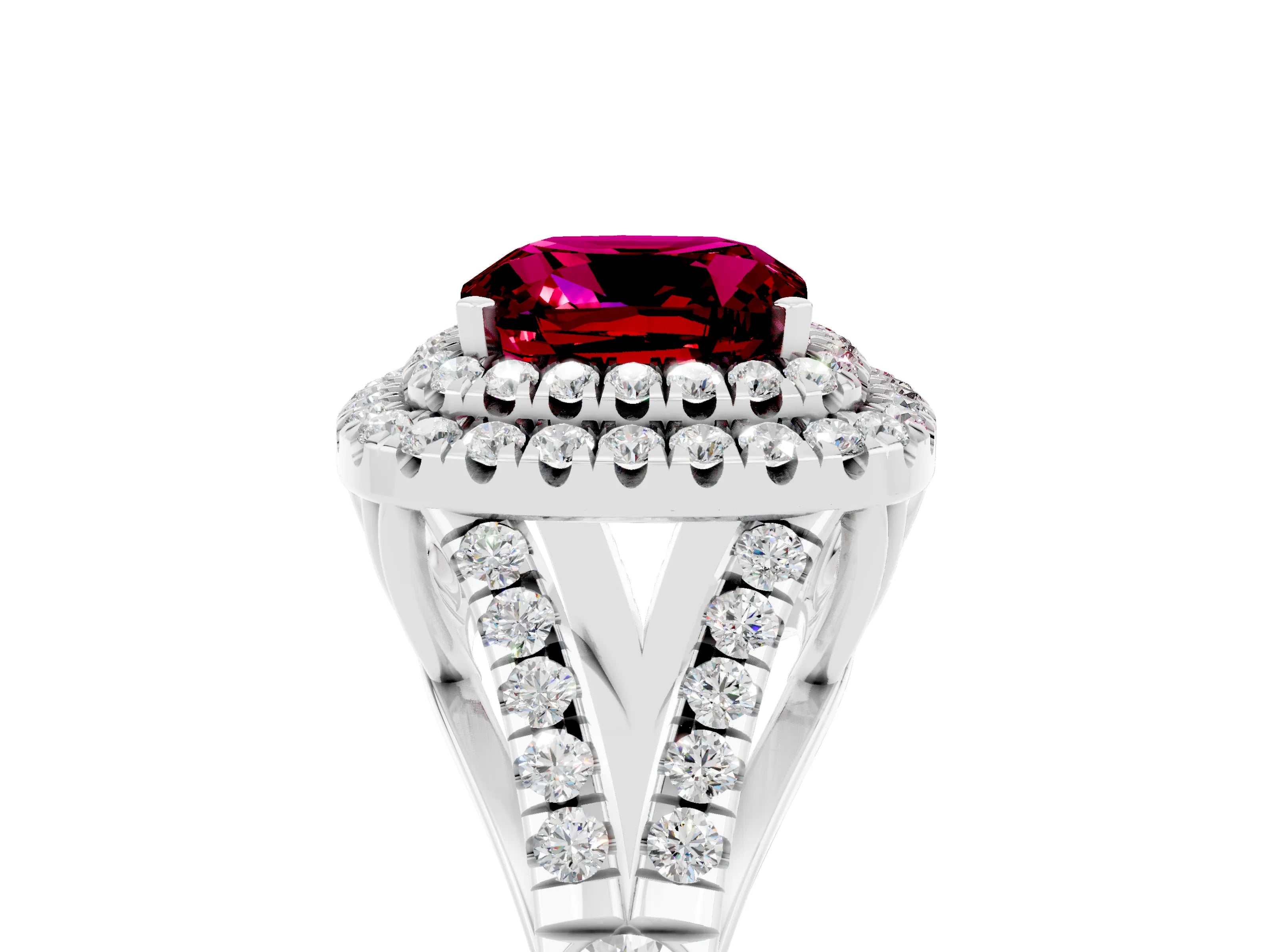 White gold Double Halo Cushion Cut Garnet Split Shank Engagement Ring with Four-Prong Setting_5