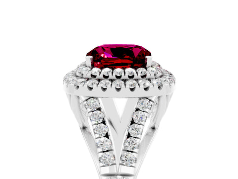 White gold Double Halo Cushion Cut Garnet Split Shank Engagement Ring with Four-Prong Setting_5
