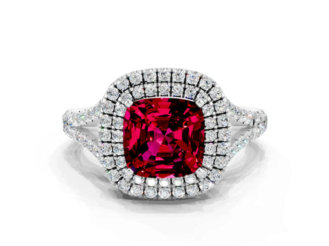 White gold Double Halo Cushion Cut Garnet Split Shank Engagement Ring with Four-Prong Setting