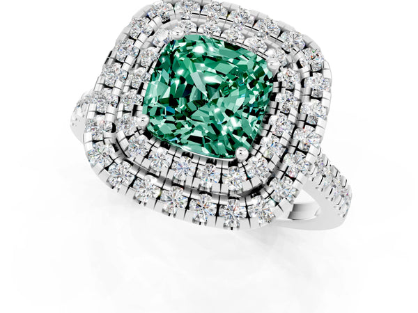 White gold Double Halo Cushion Cut Green Sapphire Pavé Band with Four-Prong Setting