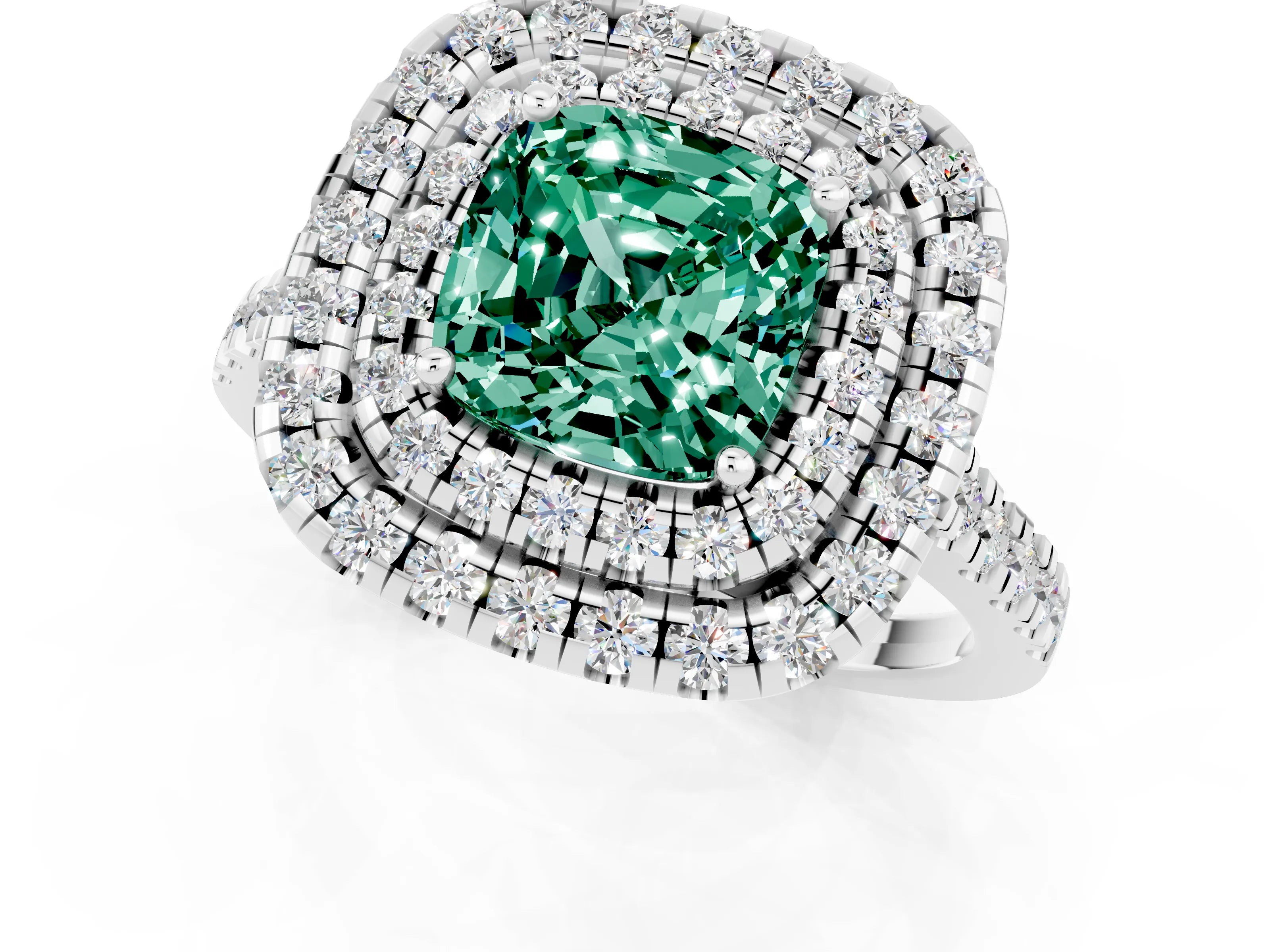 White gold Double Halo Cushion Cut Green Sapphire Pavé Band with Four-Prong Setting_1