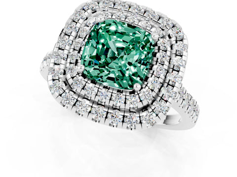 White gold Double Halo Cushion Cut Green Sapphire Pavé Band with Four-Prong Setting_1