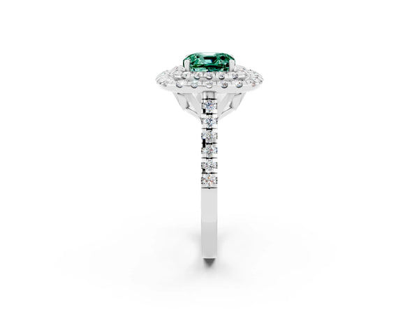 Platinum Double Halo Cushion Cut Green Sapphire Pavé Band with Four-Prong Setting