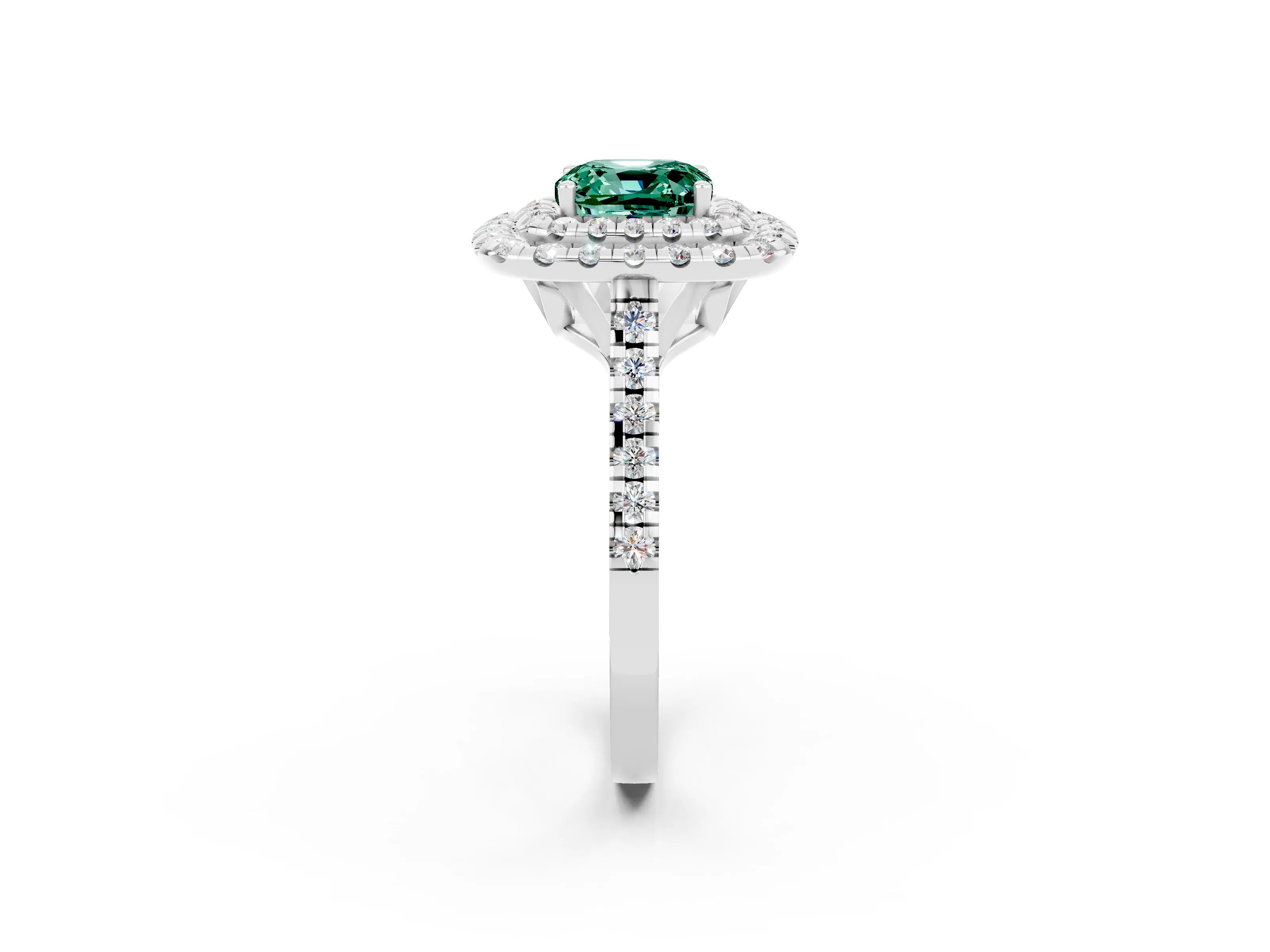 White gold Double Halo Cushion Cut Green Sapphire Pavé Band with Four-Prong Setting_2