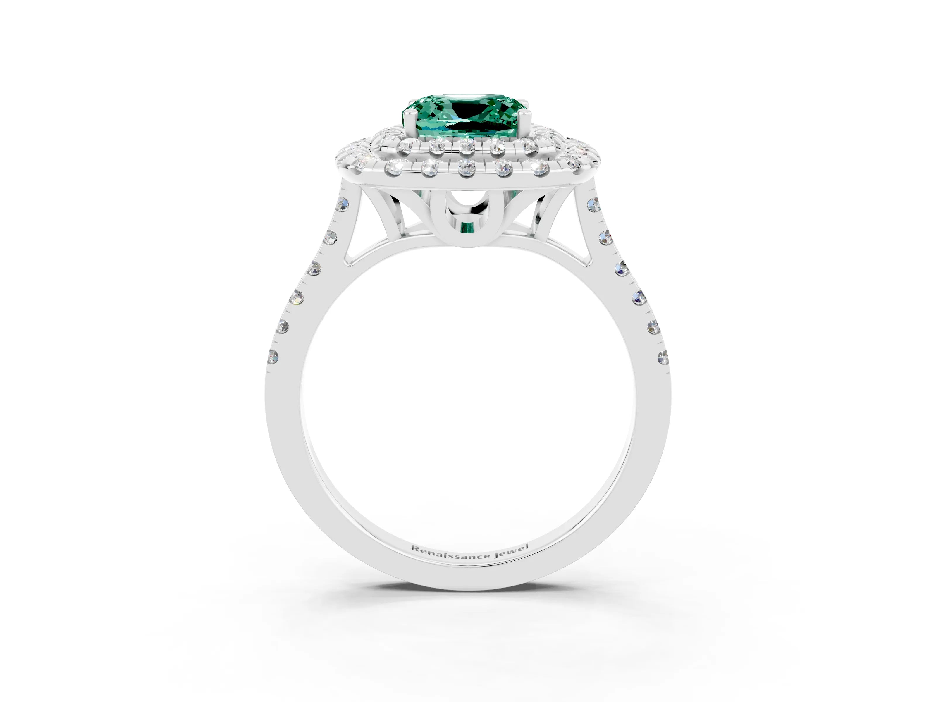 White gold Double Halo Cushion Cut Green Sapphire Pavé Band with Four-Prong Setting_3