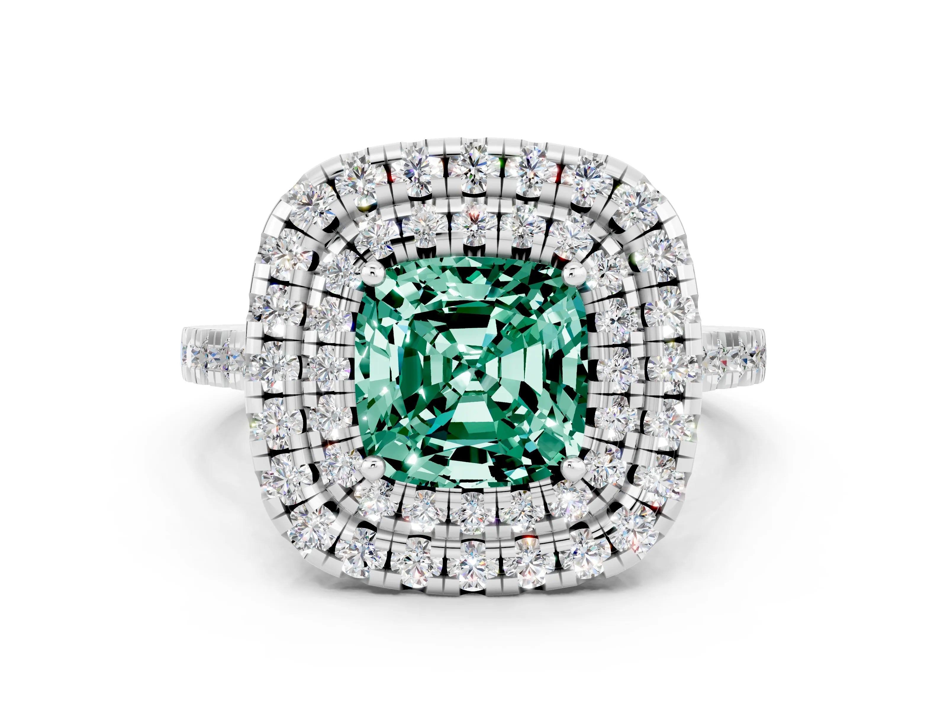 White gold Double Halo Cushion Cut Green Sapphire Pavé Band with Four-Prong Setting