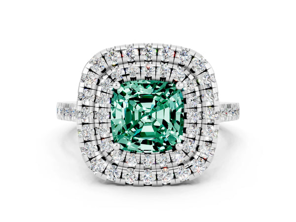 White gold Double Halo Cushion Cut Green Sapphire Pavé Band with Four-Prong Setting