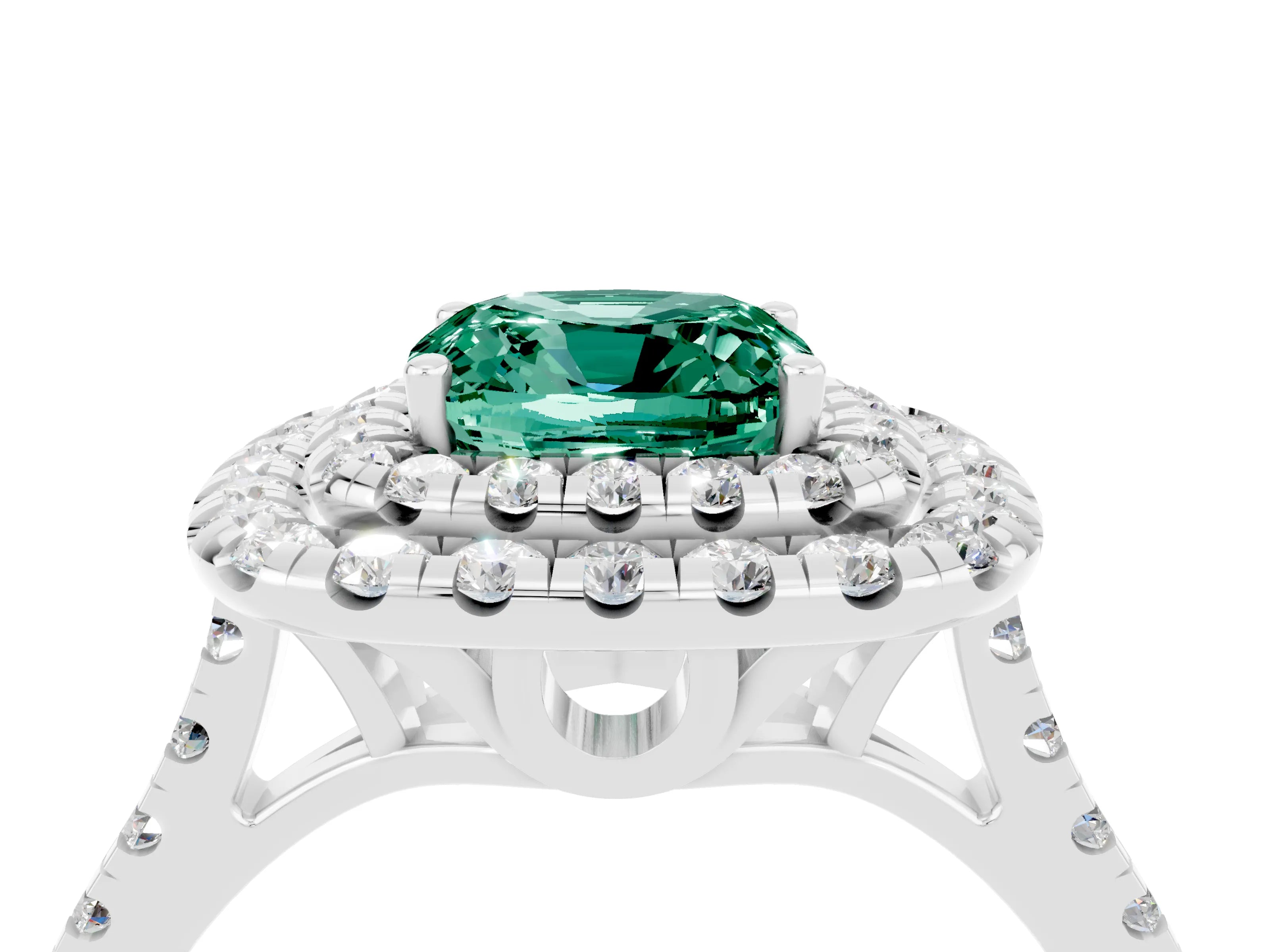 White gold Double Halo Cushion Cut Green Sapphire Pavé Band with Four-Prong Setting_4