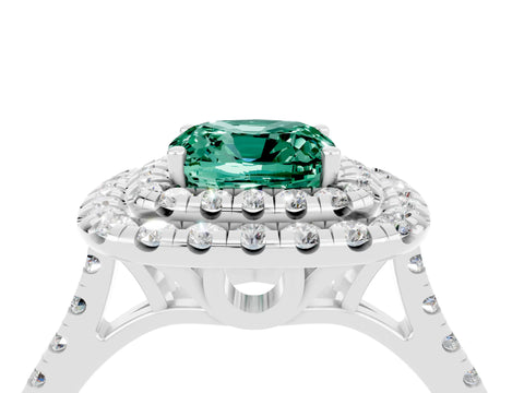 White gold Double Halo Cushion Cut Green Sapphire Pavé Band with Four-Prong Setting_4