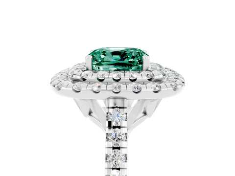 White gold Double Halo Cushion Cut Green Sapphire Pavé Band with Four-Prong Setting_5