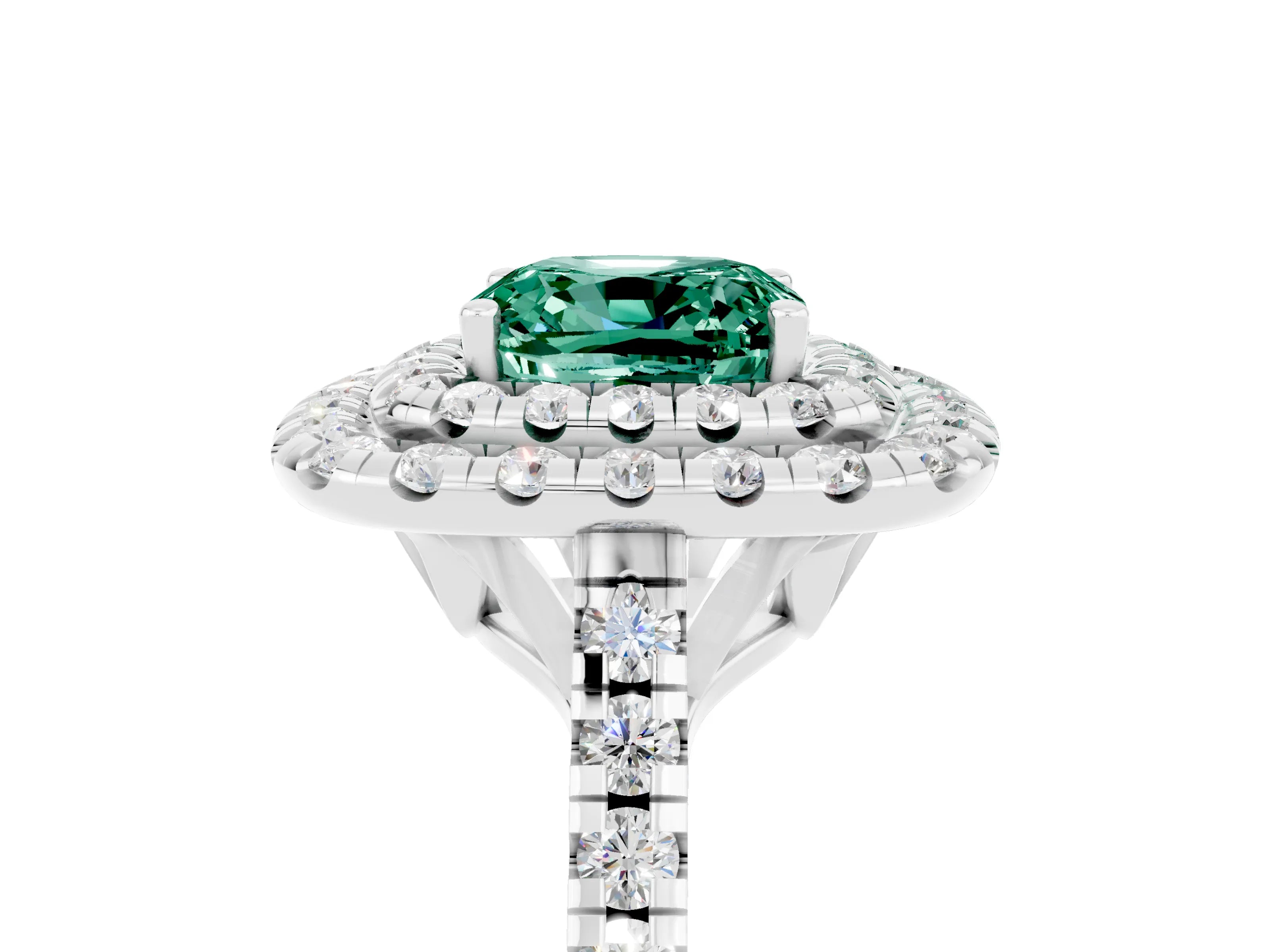 White gold Double Halo Cushion Cut Green Sapphire Pavé Band with Four-Prong Setting_5
