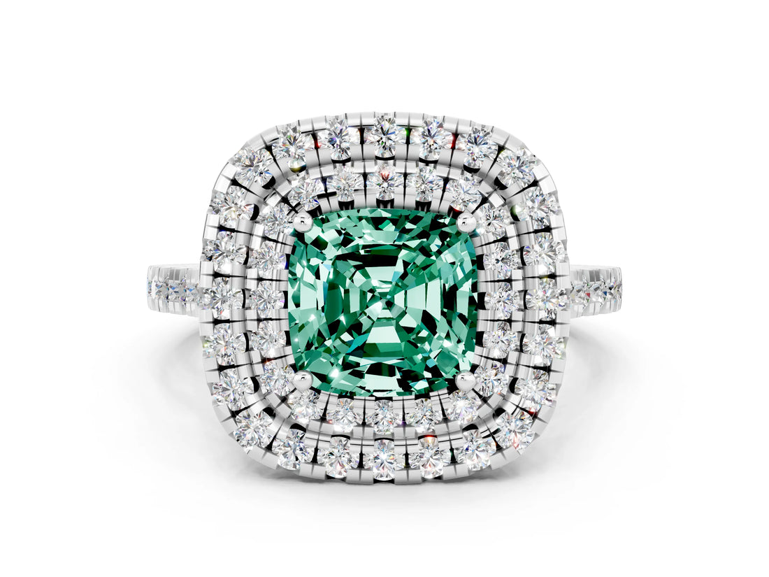 White gold Double Halo Cushion Cut Green Sapphire Pavé Band with Four-Prong Setting
