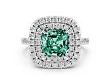 White gold Double Halo Cushion Cut Green Sapphire Pavé Band with Four-Prong Setting