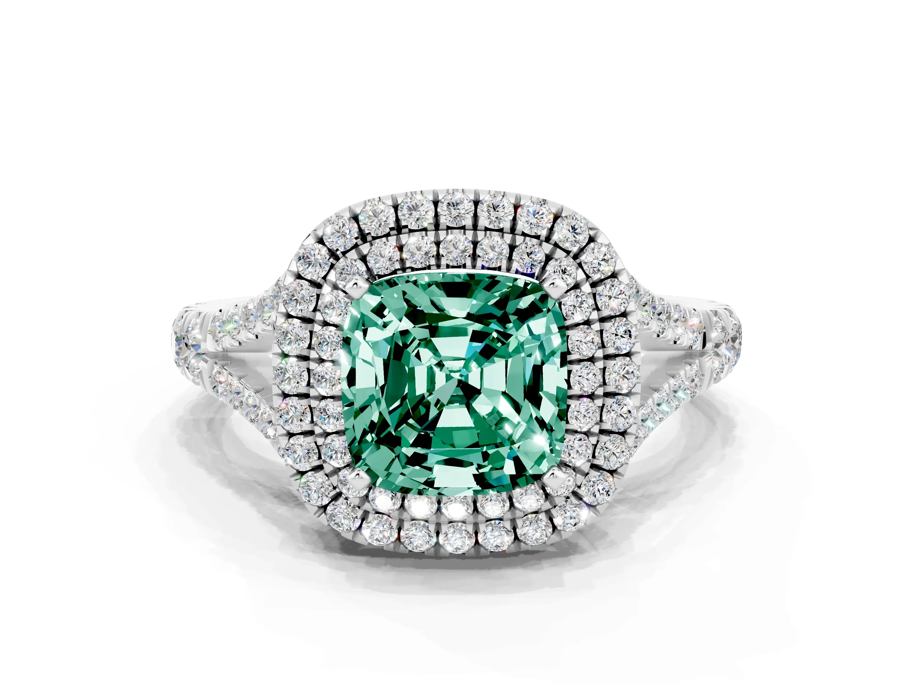 White gold Double Halo Cushion Cut Green Sapphire Pavé Split Shank Ring with Prong Setting