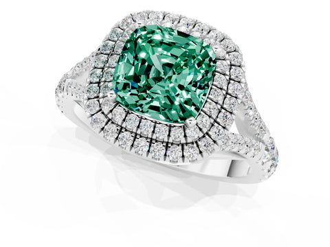 White gold Double Halo Cushion Cut Green Sapphire Pavé Split Shank Ring with Prong Setting_1