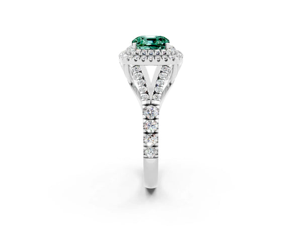 White gold Double Halo Cushion Cut Green Sapphire Pavé Split Shank Ring with Prong Setting