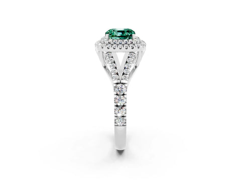 White gold Double Halo Cushion Cut Green Sapphire Pavé Split Shank Ring with Prong Setting_2