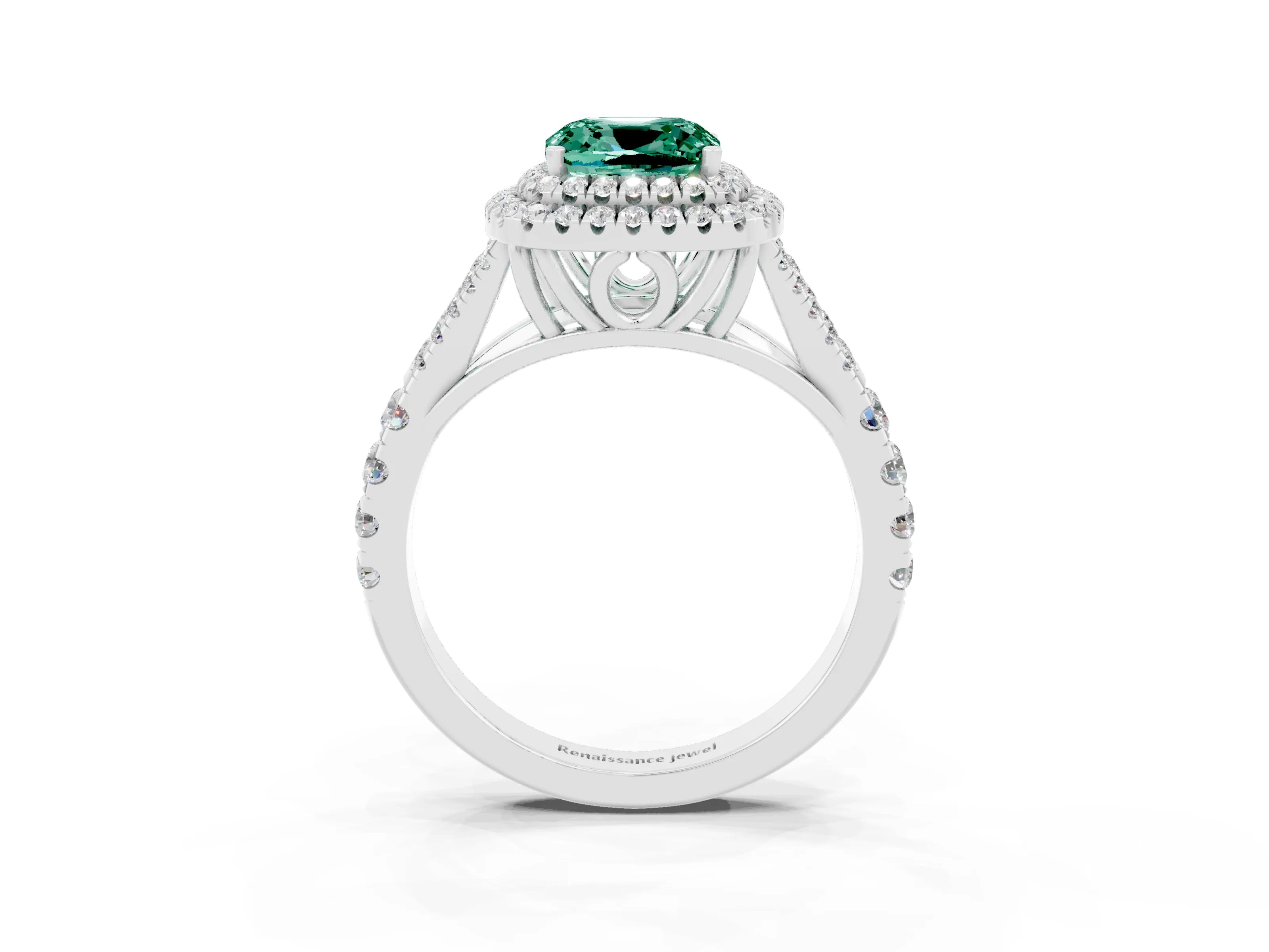 White gold Double Halo Cushion Cut Green Sapphire Pavé Split Shank Ring with Prong Setting_3