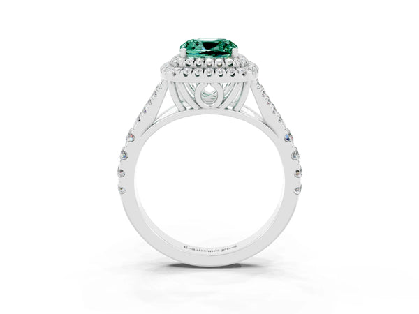 Silver Double Halo Cushion Cut Green Sapphire Pavé Split Shank Ring with Prong Setting