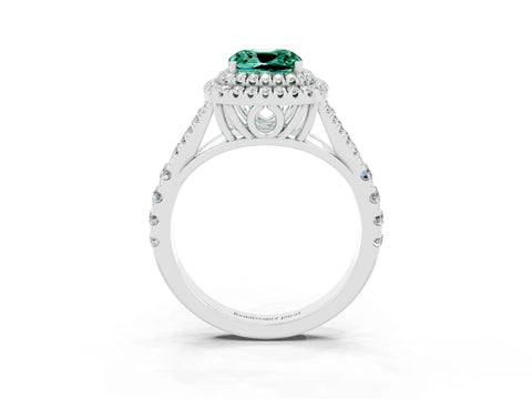 White gold Double Halo Cushion Cut Green Sapphire Pavé Split Shank Ring with Prong Setting_3