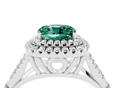 White gold Double Halo Cushion Cut Green Sapphire Pavé Split Shank Ring with Prong Setting_4