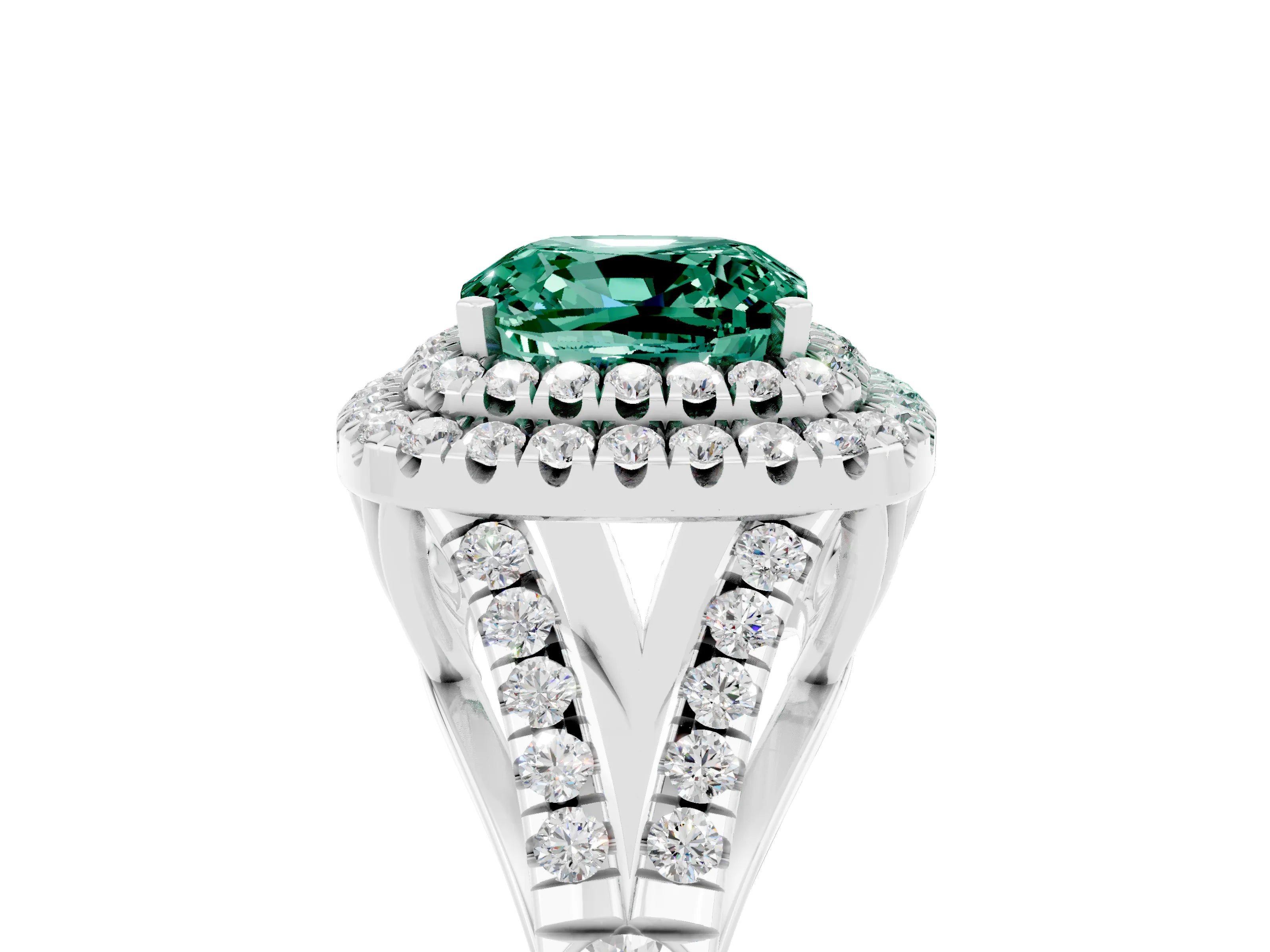 White gold Double Halo Cushion Cut Green Sapphire Pavé Split Shank Ring with Prong Setting_5