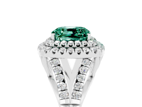 White gold Double Halo Cushion Cut Green Sapphire Pavé Split Shank Ring with Prong Setting_5