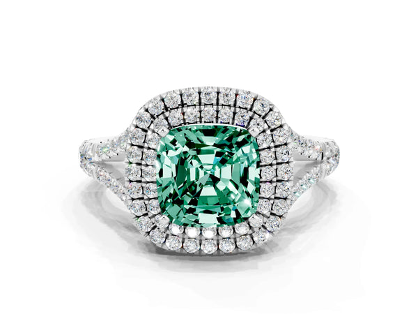 Silver Double Halo Cushion Cut Green Sapphire Pavé Split Shank Ring with Prong Setting