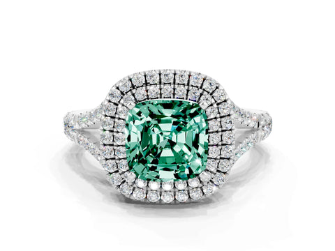 White gold Double Halo Cushion Cut Green Sapphire Pavé Split Shank Ring with Prong Setting