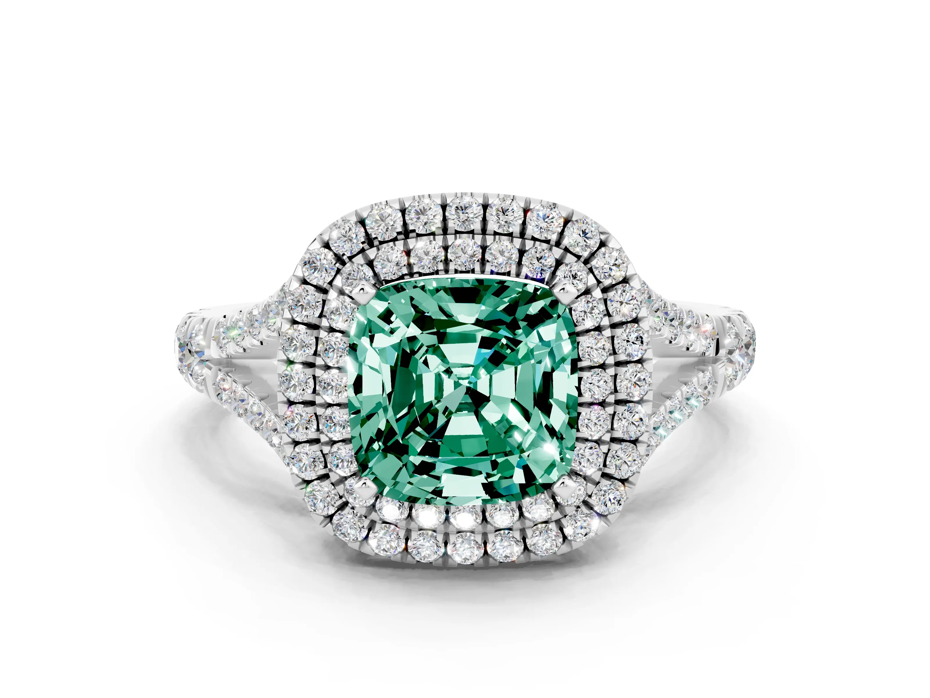 White gold Double Halo Cushion Cut Green Sapphire Split Shank Engagement Ring with Four-Prong Setting