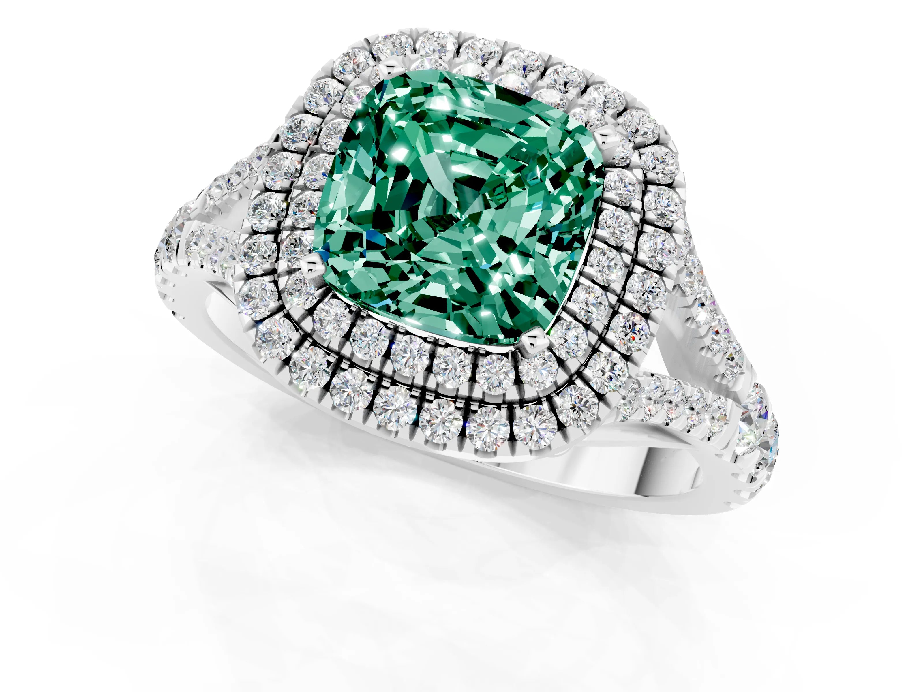 White gold Double Halo Cushion Cut Green Sapphire Split Shank Engagement Ring with Four-Prong Setting_1