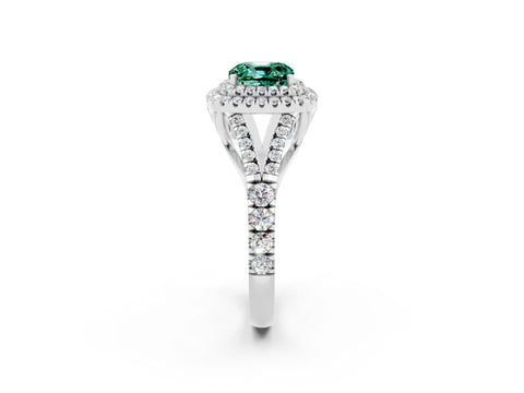 White gold Double Halo Cushion Cut Green Sapphire Split Shank Engagement Ring with Four-Prong Setting_2
